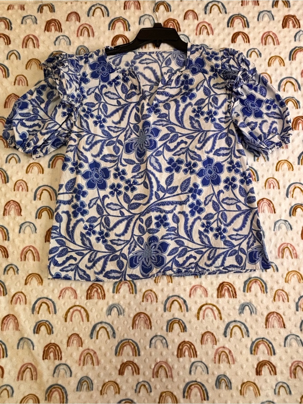 SHEIN Blue & White Floral Puff-Sleeve Blouse